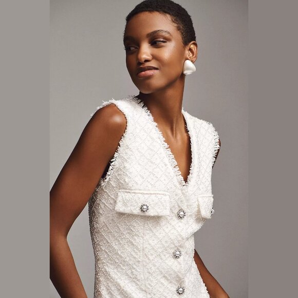 NEW BHLDN Size M, L Ella V-Neck Pearl Tweed Mini Dress - Ivory - Picture 3 of 7